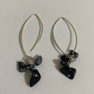 925 Sterling Silver Dangle Earrings w Black Gem Stones